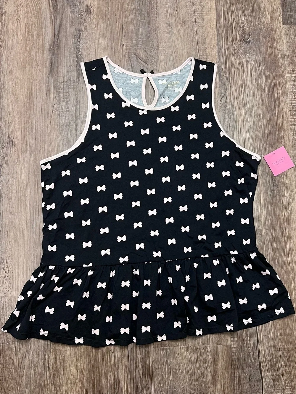 NWT Kate Spade Women’s Black & Light Pink Bow-Print Peplum Sleep Tank sz XL